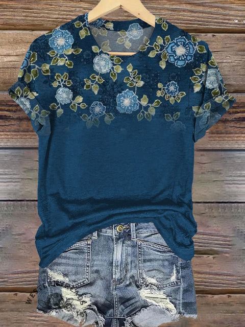 Classic Floral Gradient Print Casual T-shirt