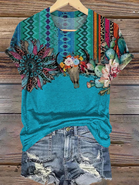 Retro Bull Skull Turquoise Flower Print Casual T-shirt