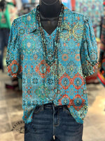 Women's vintage short-sleeve western shirt with retro print - lightweight casual top with cowboy-inspired style