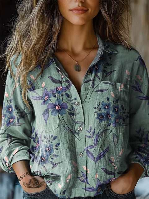Retro Floral Pattern Print Casual V-neck T-shirt