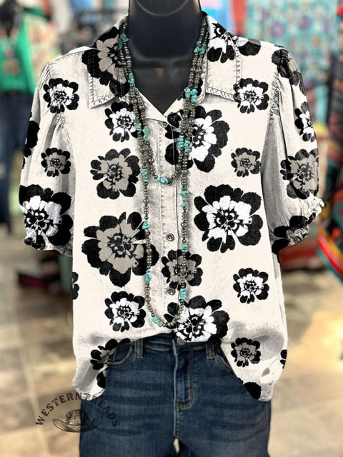 Women's Simple Floral Graffiti Print Casual Cotton Shirt