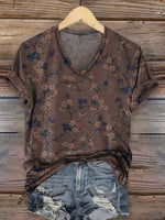 Retro Floral Pattern Print Casual V-neck T-shirt
