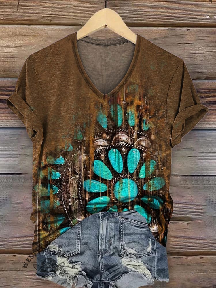 Vintage Turquoise Textured Print Casual V-Neck T-Shirt