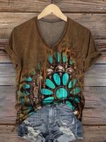 Vintage Turquoise Textured Print Casual V-Neck T-Shirt
