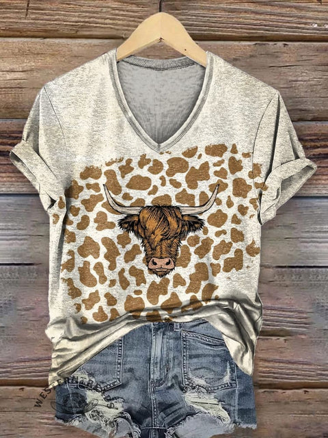 Cow Pattern Texture Print Casual V-neck T-shirt