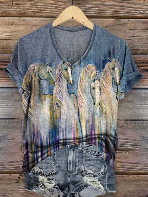 Women's vintage horse print t-shirt - short sleeve western tee with retro equestrian artwork for casual cowgirl style