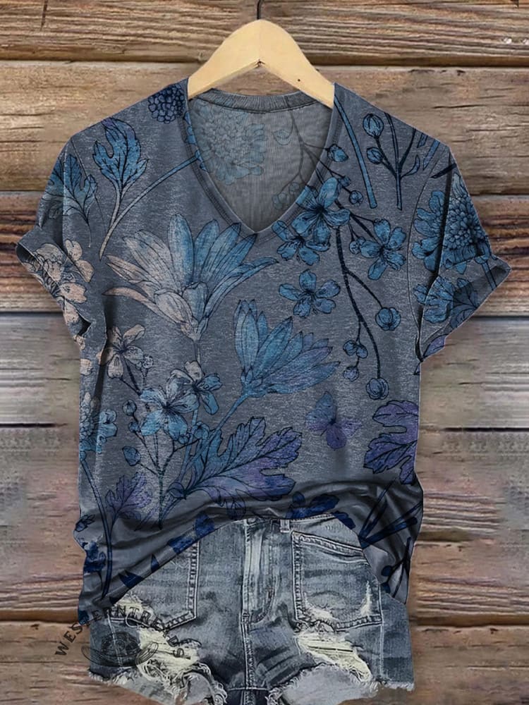 Women's Retro Floral Print Casual V-Neck T-Shirt