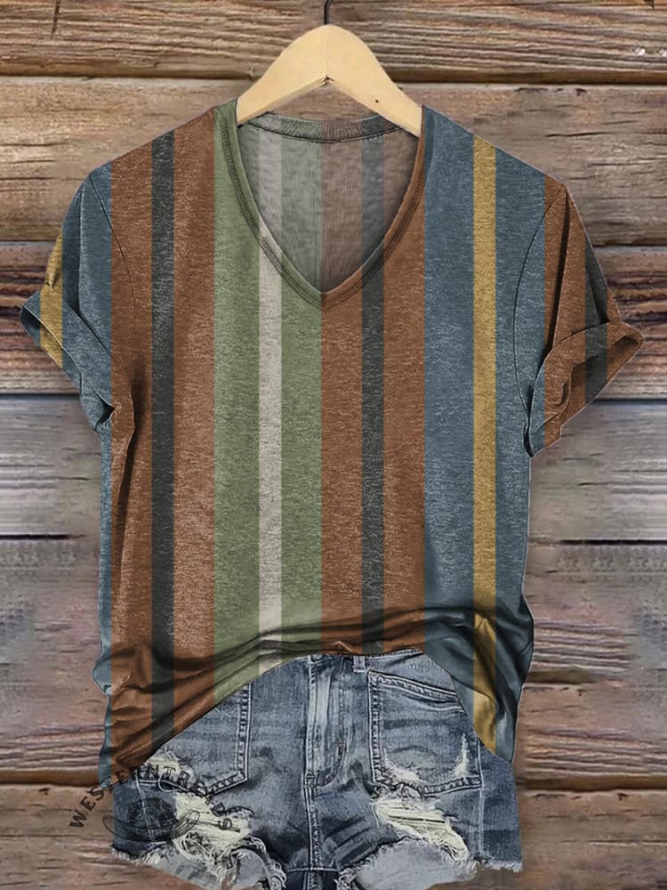 Women's Retro Stripe Print Casual V-Neck T-Shirt