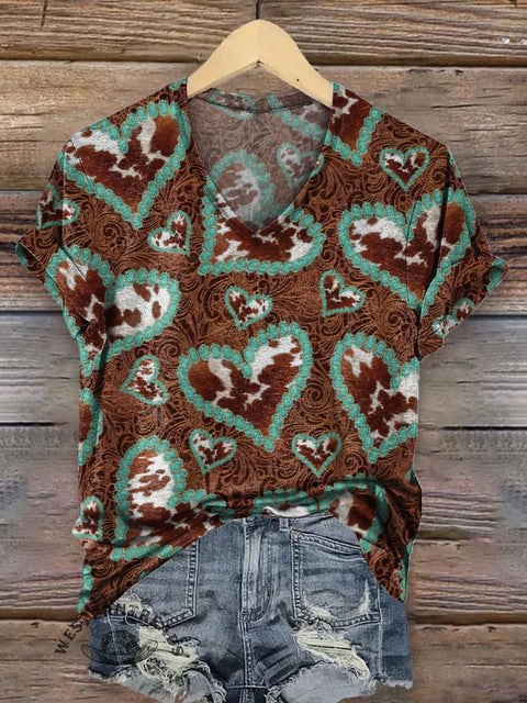 Retro Turquoise Heart Texture Pattern Print Casual V-neck T-shirt