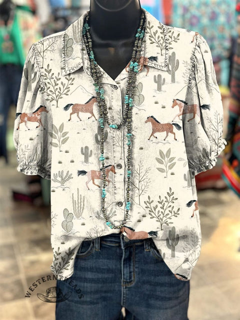 Women's Wild Horse Cactus Printed Casual Cotton Shirt