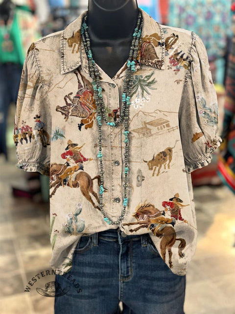 Women's Retro Wild West Cowboys Printed Casual Cotton Shirt