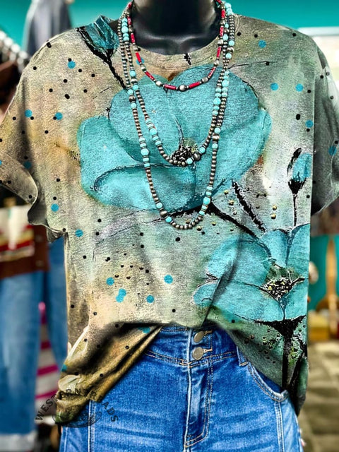 Women's Turquoise Flower Print Casual T-shirt