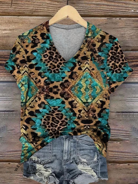 Women's Aztec Leopard Print Casual V-neck T-shirt