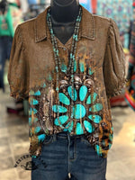 Vintage Turquoise Textured Print Casual V-Neck T-Shirt