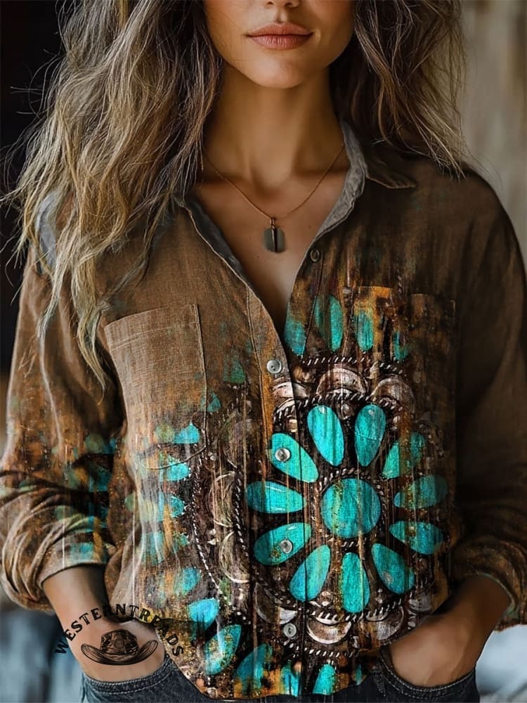 Vintage Turquoise Textured Print Casual V-Neck T-Shirt