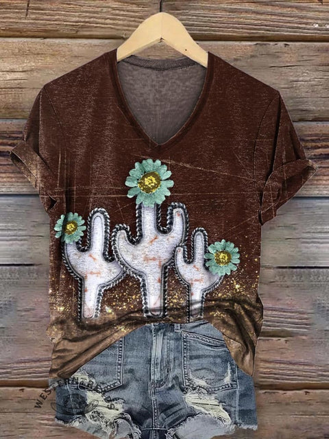 Women's Retro Cowboys Horse Print Casual V-neck T-shirt