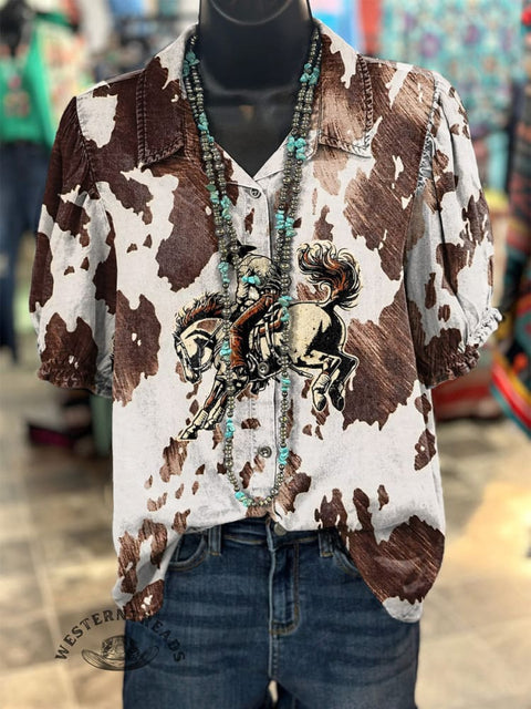 Women's Retro Cowboys Cow Pattern Printed Casual Cotton Shirt