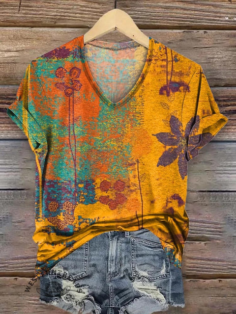 Women's Retro Texture Floral Print Casual V-neck T-shirt