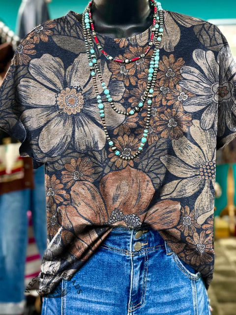Women's Retro Floral Pattern Print Casual T-shirt