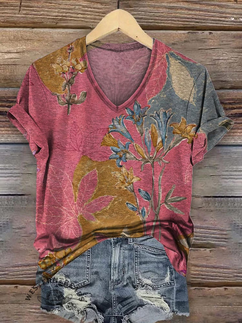 Women's Retro Floral Pattern Print Casual V-neck T-shirt