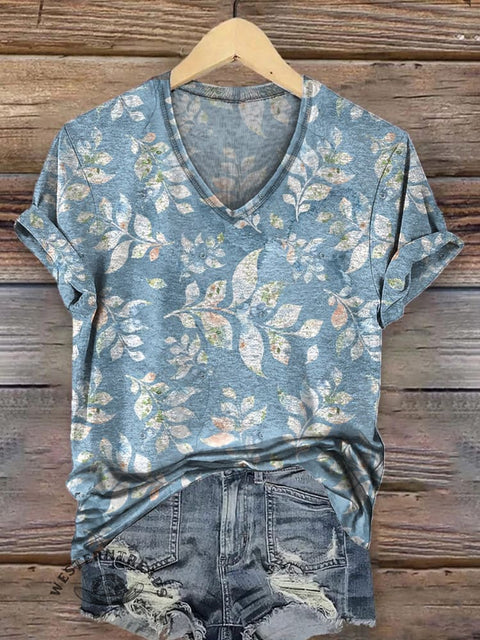 Women's Classic Floral Print Casual V-neck T-shirt
