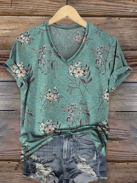 Women's Simple Floral Print Casual V-neck T-shirt