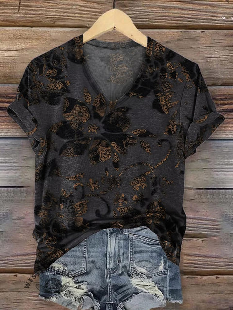 Women's Retro Dark Floral Print Casual V-neck T-shirt
