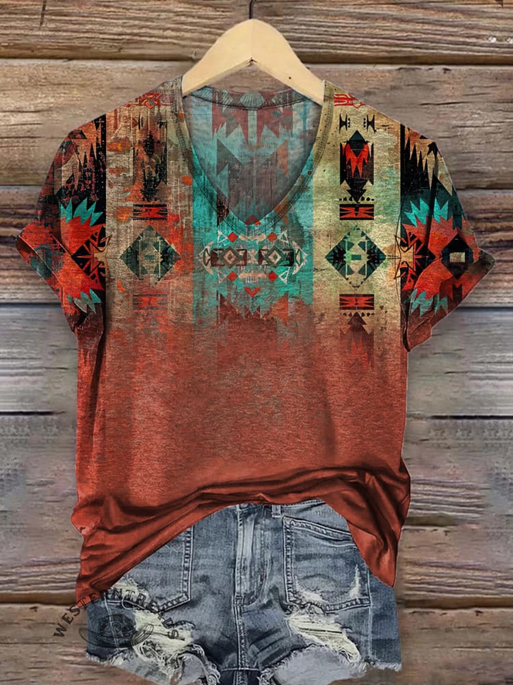 Women's Retro Ethnic Print Casual V-neck T-shirt