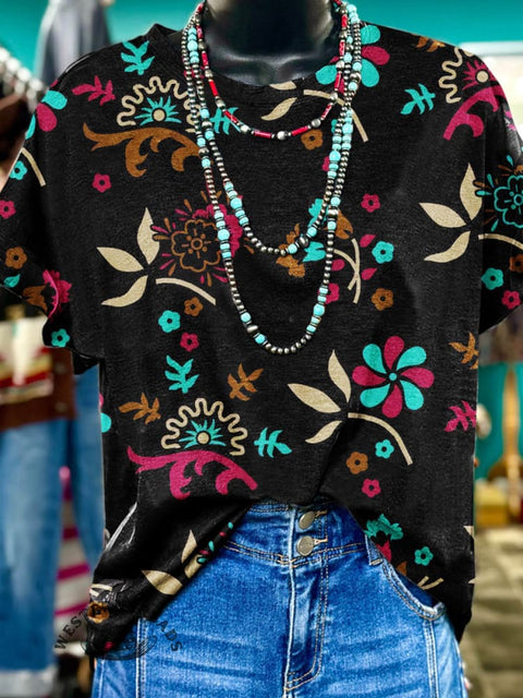 Women's Dark Floral Art Print Casual T-shirt