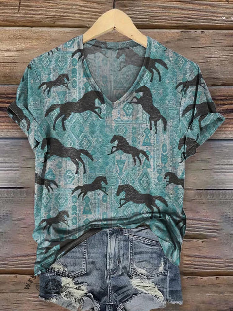 Women's Simple Horse Texture Print Casual V-neck T-shirt
