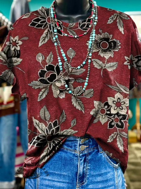 Women's Red Floral Art Print Casual T-shirt