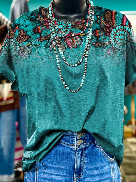 Women's Turquoise Floral Art Print Casual T-shirt