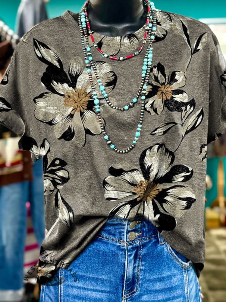 Women's Khaki Floral Art Print Casual T-shirt