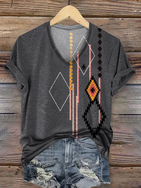 Women's Simple Pattern Print Casual V-neck T-shirt