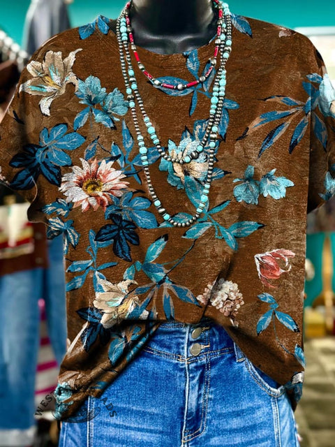 Women's Retro Floral Print Casual T-shirt