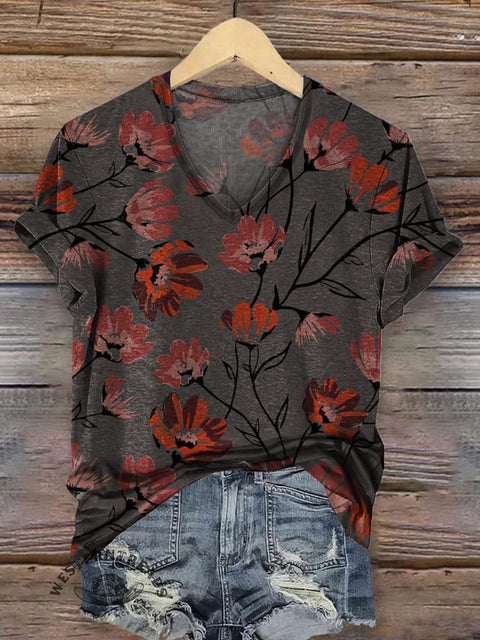 Women's Gray Floral Pattern Print Casual V-neck T-shirt