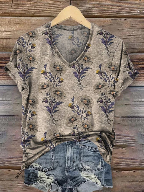 Women's Floral Pattern Print Casual V-neck T-shirt