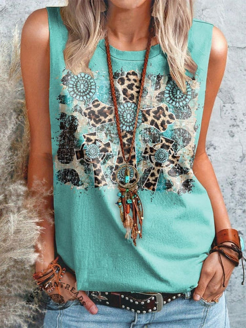Women's Turquoise Lepord Print Casual Tank Top