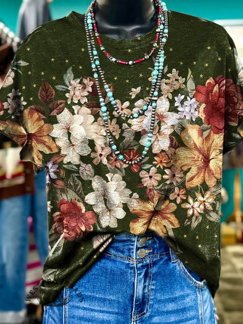 Women's Retro Floral Print Casual T-shirt