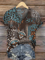 Women's Retro Lepord Pattern Print Casual V-neck T-shirt