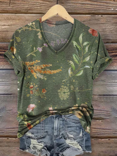 Women's Retro Floral Pattern Print Casual V-neck T-shirt