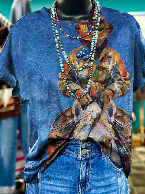 Women's Retro Cowboys Print Casual T-shirt