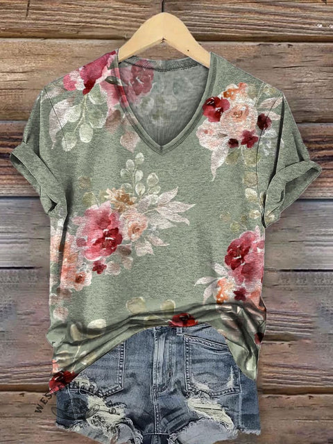 Women's Floral Print Casual V-neck T-shirt
