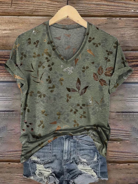 Women's Retro Leaf Pattern Print Casual V-neck T-shirt