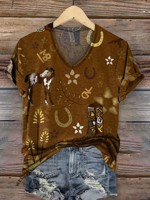 Women's Western Pattern Print Casual V-neck T-shirt