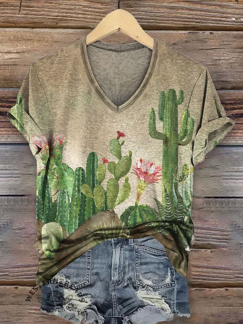 Women's Western Catcus Print Casual V-neck T-shirt