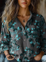 Women's Retro Floral Print Casual V-neck T-shirt