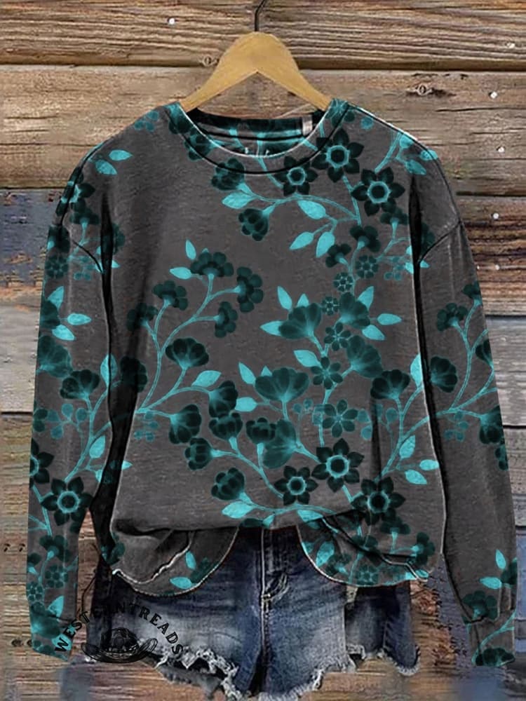 Women's Retro Floral Print Casual V-neck T-shirt