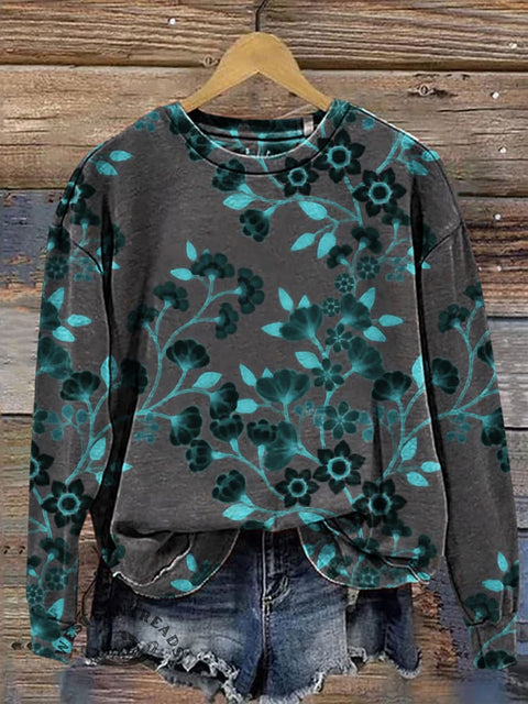 Retro Floral Print Casual Sweatshirt