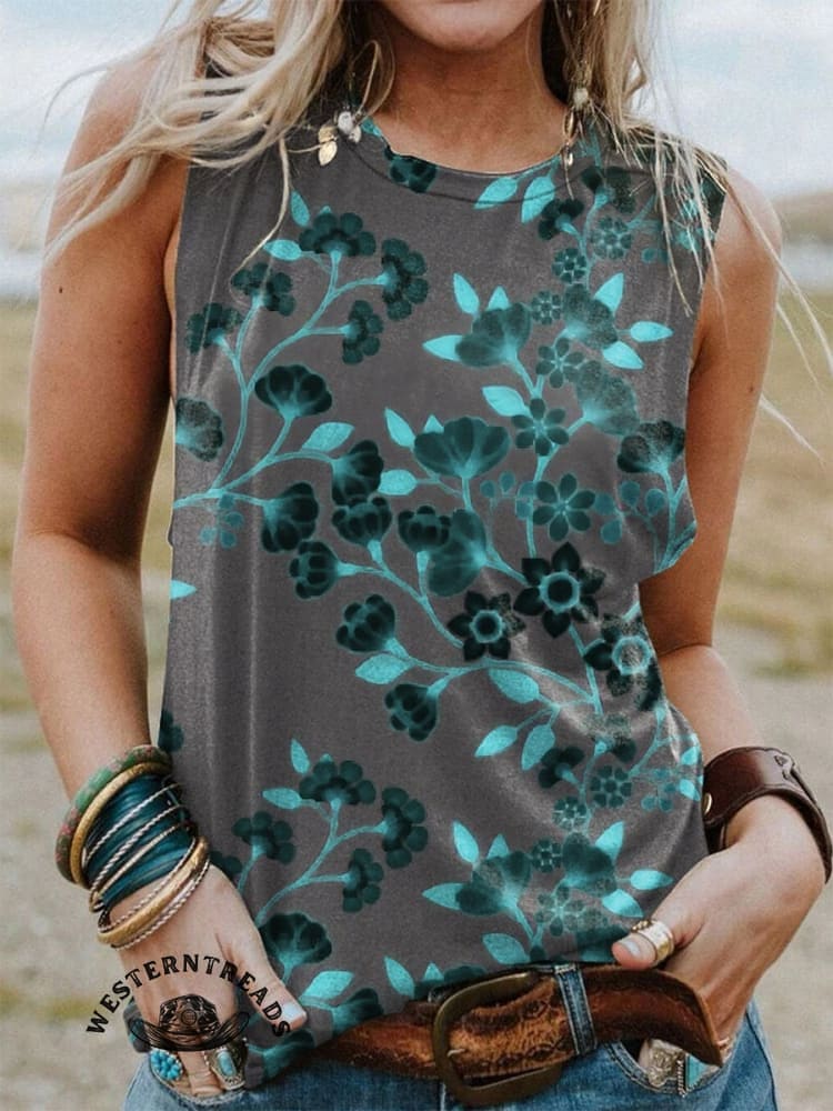 Women's Retro Floral Print Casual V-neck T-shirt